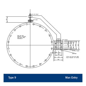 Technical diagram of a Type 9 600 NB NP6 manway access and davit arm assembly showing dimensions and component labels