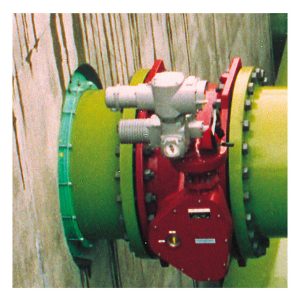 Industrial green pipeline fitted with a red flanged valve and a grey motorised actuator