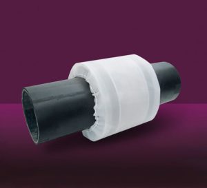 Translucent white protective sleeve fitted around a black pipe