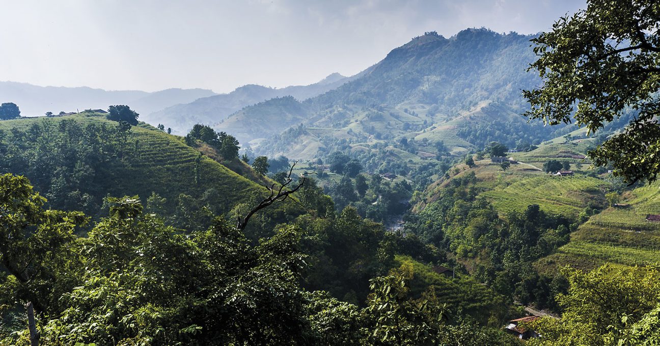 Panoramic view of lush green hillsides and terraced fields stretching towards misty mountains in the distance