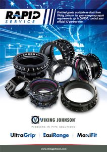Viking Johnson Rapid Service advert for emergency pipe repair products up to DN800, featuring UltraGrip, EasiRange and MaxiFit