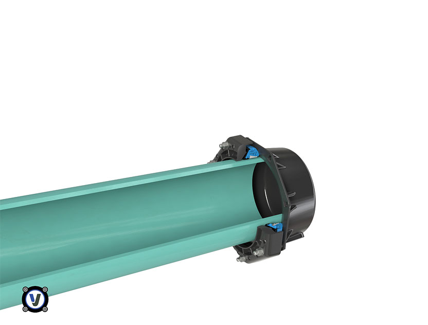 Cutaway view of a green pipe fitted with a black mechanical coupling and end cap