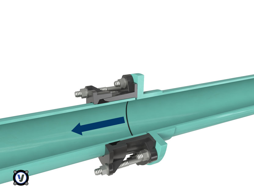 Cross-section diagram of a pipe coupling with securing bolts, showing an arrow indicating flow direction to the left