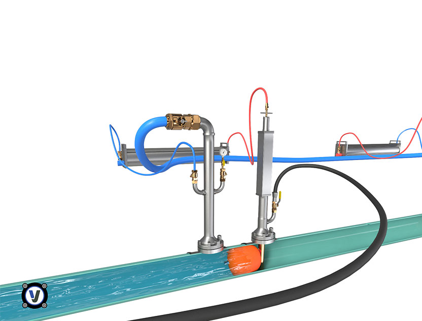 Diagram showing an inflatable pipe stopper deployed inside a pipe to block water flow