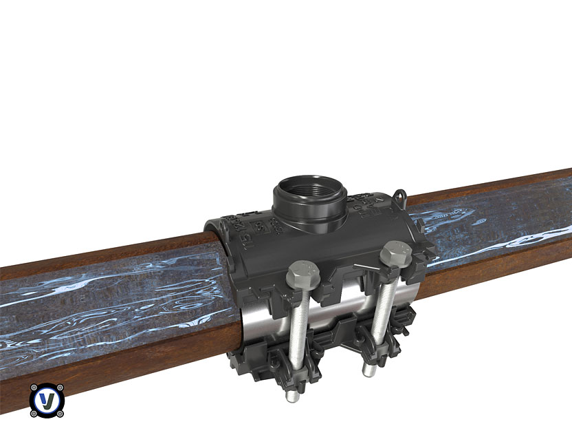 Cutaway illustration of a tapping saddle clamp bolted onto a rusty pipe with water flowing inside