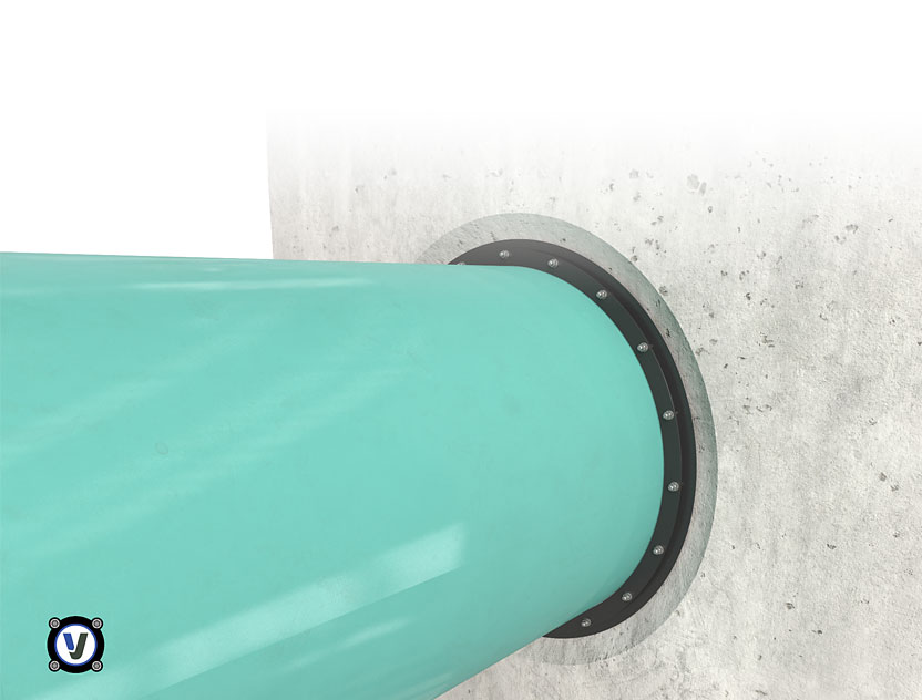 Turquoise pipe sealed into a concrete wall opening with a bolted black flange