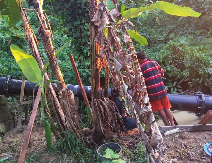 A man in a red striped shirt working on a large black pipe amidst banana trees and vegetation