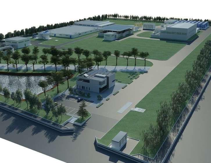 Aerial 3D architectural rendering of an industrial facility site layout with buildings, lawns, and roads