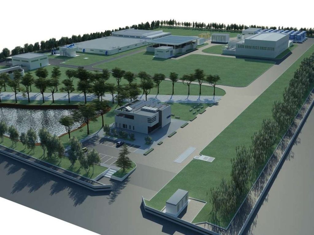 Aerial 3D rendering of a modern industrial facility layout with surrounding green lawns and trees